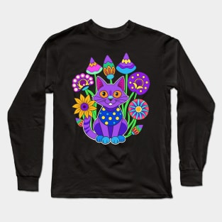 Purple trippy cat and magic mushrooms Long Sleeve T-Shirt